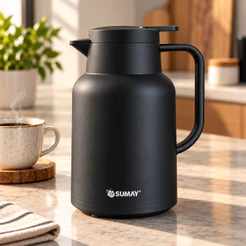Garrafa Térmica de Café 1 Litro Veneza Preta Vedação Rosca Conserva Quente 12h Frio 24h Premium Sumay