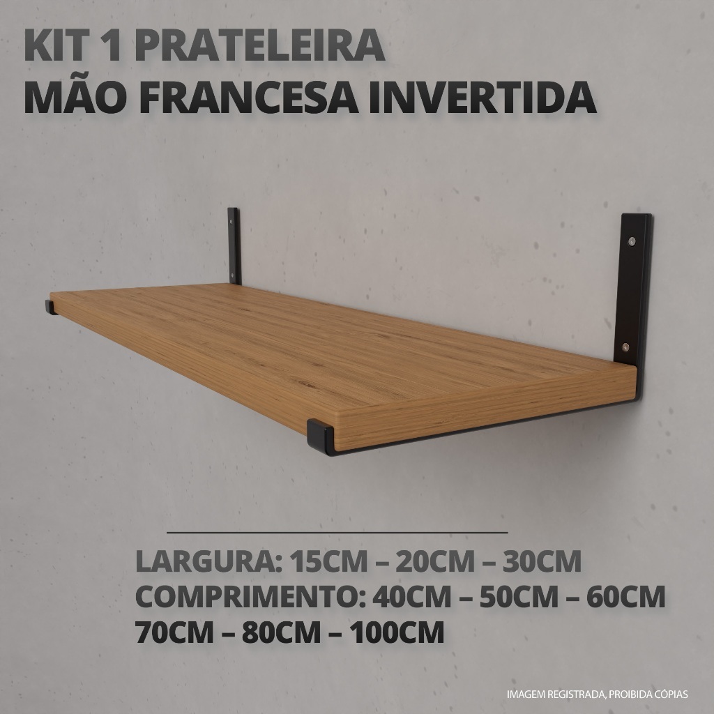 Kit 1 Prateleira 30cm 25cm 20cm 15cm de madeira industrial com mão francesa invertida envelhecida
