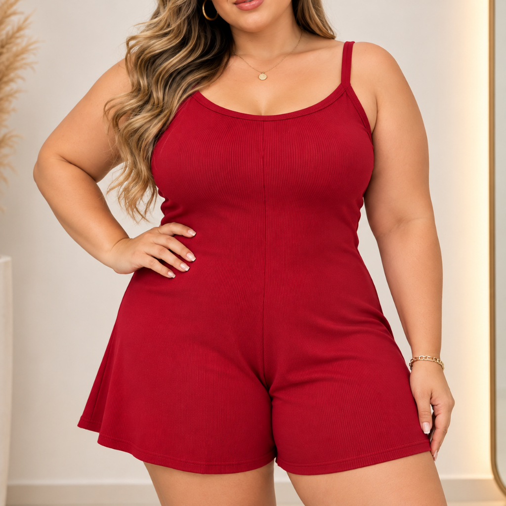 Macaquinho Plus Size Feminino Canelado de Alça Confortável Tecido leve