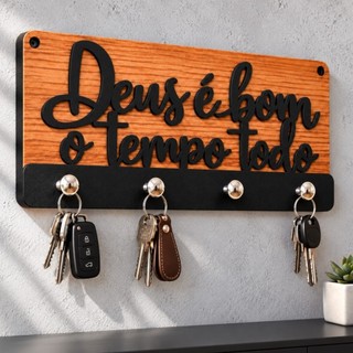 Porta Chaves de Parede Decorativo Multiuso Preto Deus é Bom o Tempo Todo