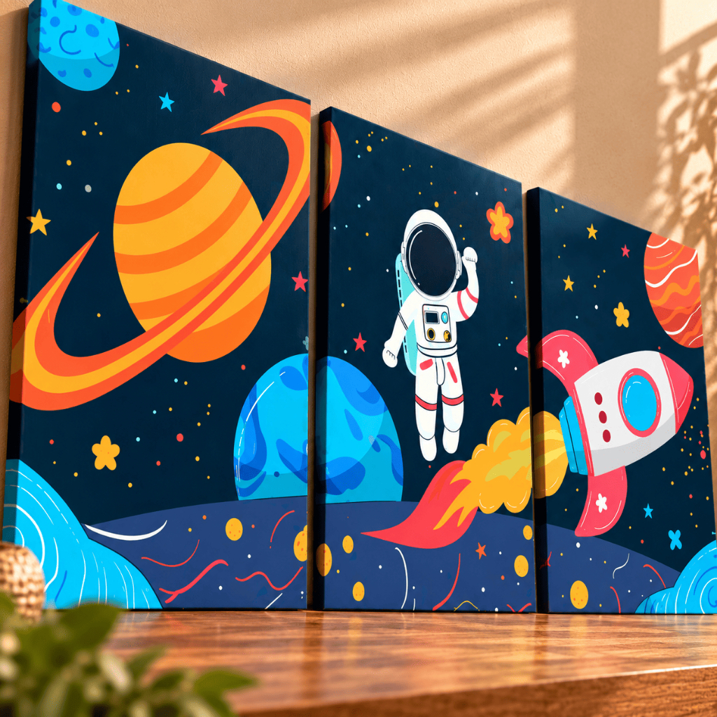 Kit 3 Quadros Decorativos Infantil Espaço Astronauta Foguete Planetas Decoração Quarto Menino Menina