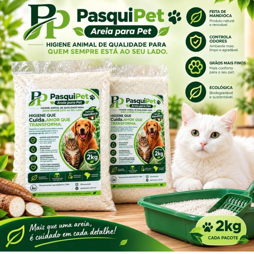 Areia para Gato Fina kit 4 kg PasquiPet Biodegradável 2 Pacotes