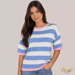 Blusa Ampla Listrada Manga Curta Feminina Tricot Leve Confortável Moda Verão