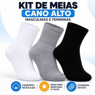 Meia Masculina e Feminina Cano Médio Alto Algodão Elastano para Trabalho 3 6 12 Pares