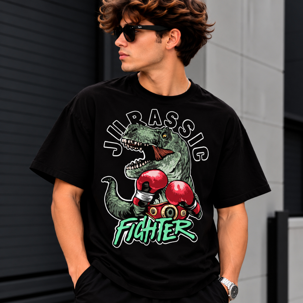 Camiseta Preta Estampada Dinossauro Jurassic Fighter Boxe Streetwear Casual Unissex