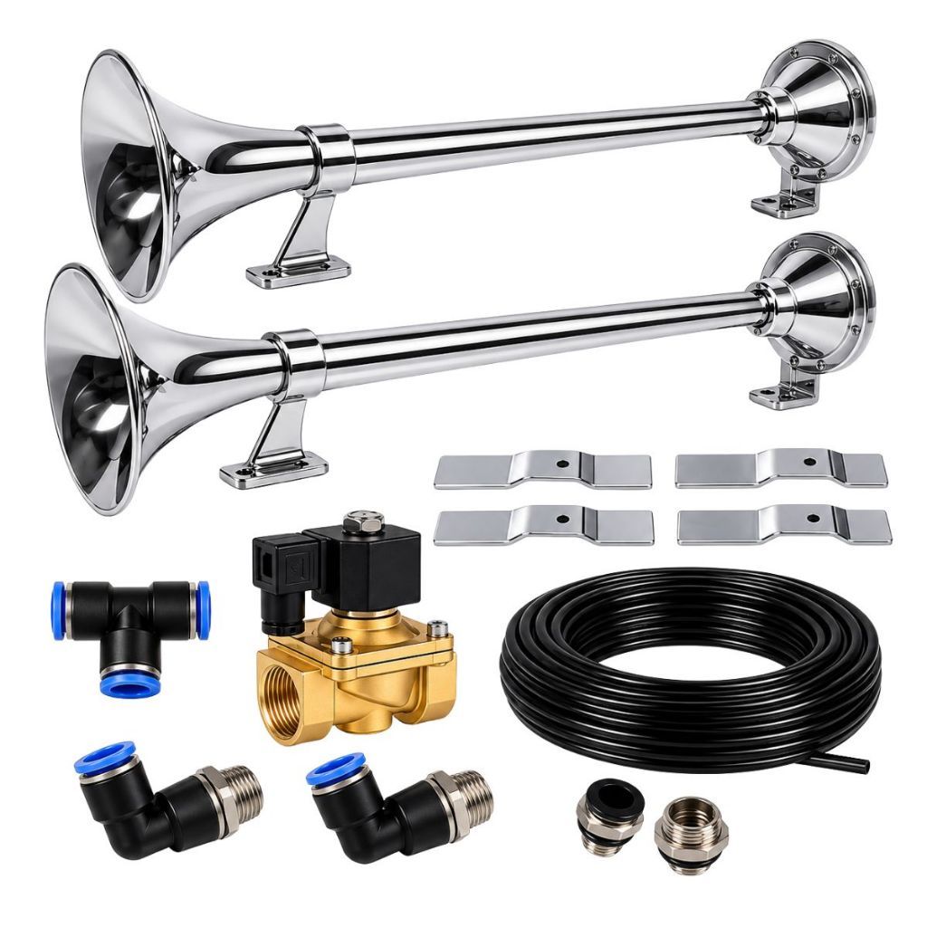 Kit Buzina Marítima a Ar 74cm 12V 24V Entrada 12mm com Suporte Completo Caminhão Carreta Ônibus Universal