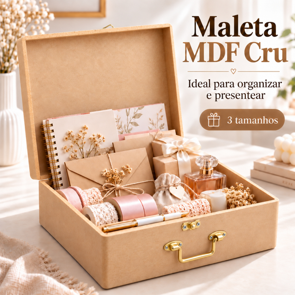 Maleta Organizadora em MDF com Alça de Metal Multiuso Resistente - Pequena, Média ou Grande
