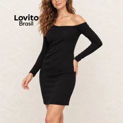Lovito Vestido Feminino em Malha Curto com Decote Assimétrico e Manga Longa DRB611BRL641
