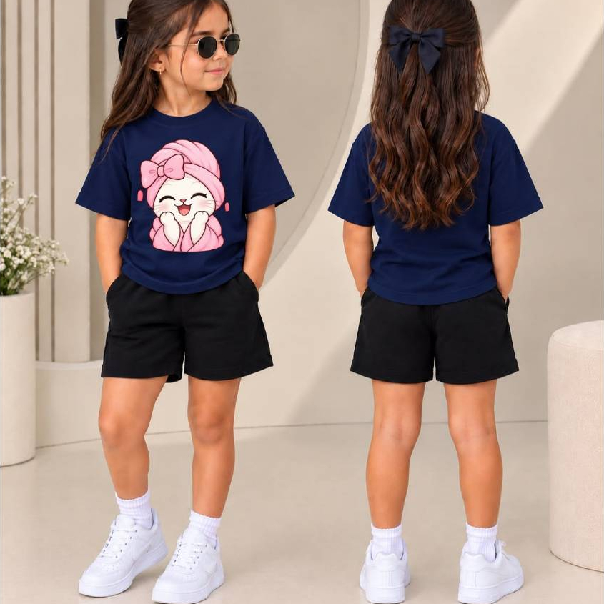 Moda Infantil Feminina Conjunto de Camiseta Básica Estampado Gatinha fofa + Short de Moletom para Menina Estilosa