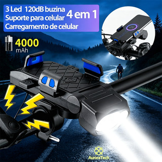 Lanterna Bike Com Buzina E Suporte De Celular 4 Em 1 Multifuncional Farol De Bicicleta Recarregável Luz De LED BIC006