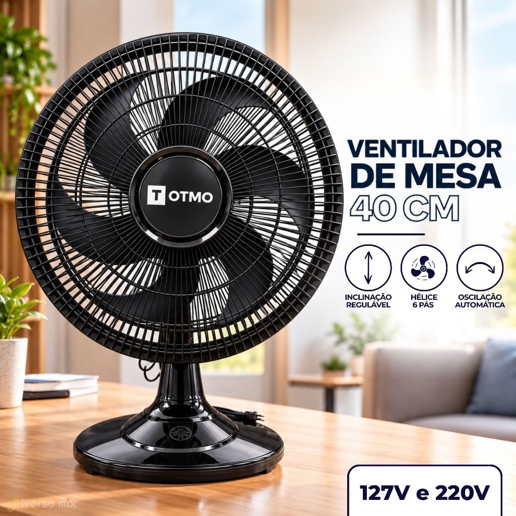 Ventilador Mesa 127V/220V 40cm 6 Pás 3 Velocidades Portátil Inclinável 126W OTMO