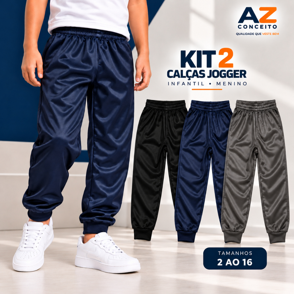 Kit 2 Calça Infantil Jogger Menino Forrada Juvenil Reforçada  2 Ao 16 Preto, Cinza e Azul