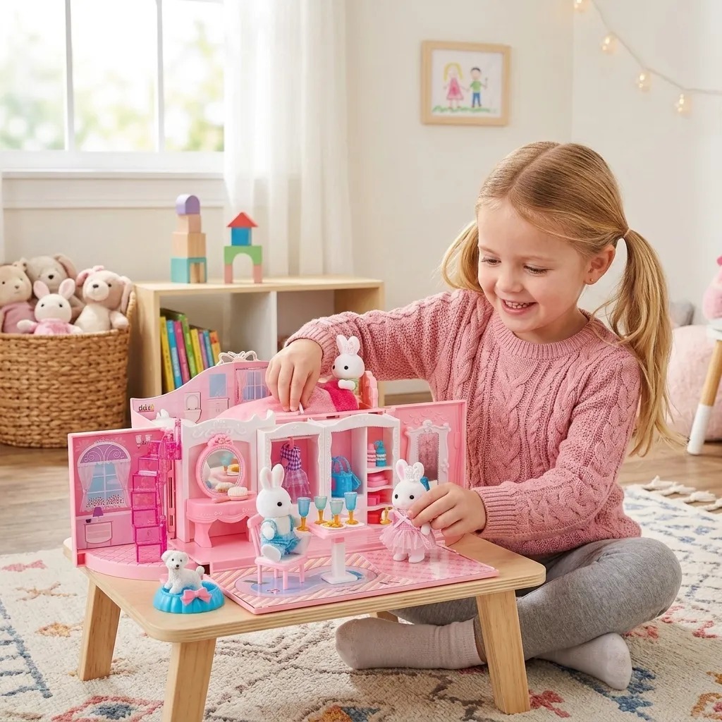 Casinha Feliz Maletinha Rosa Portátil Playset Infantil Faz de Conta Coelhinhos Quarto Closet Zoop Toys