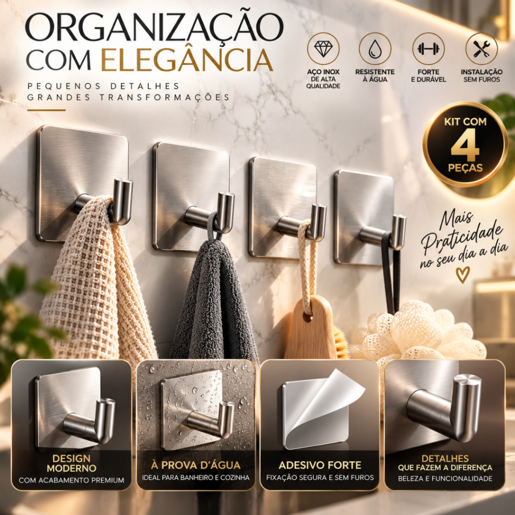 Kit Ganchos Inox Adesivo 3m Cabide De Parede Pra Roupas Pra Chaves Pra Talheres Autocolante ES