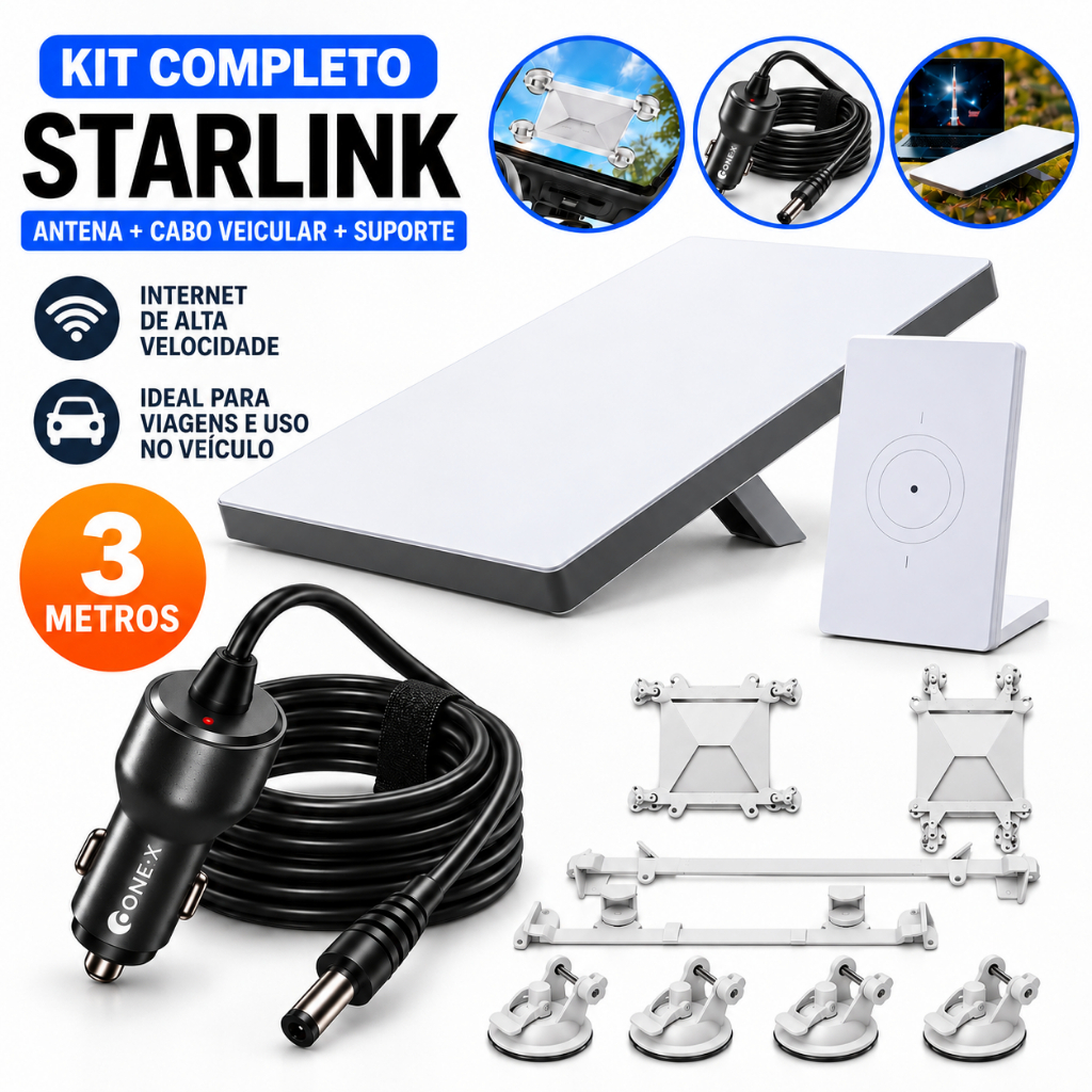 Kit Starlink Antena 6ª Geração Roteador + Cabo Veicular 3 Metros + Suporte para Carro Case Starlink VENTOSA