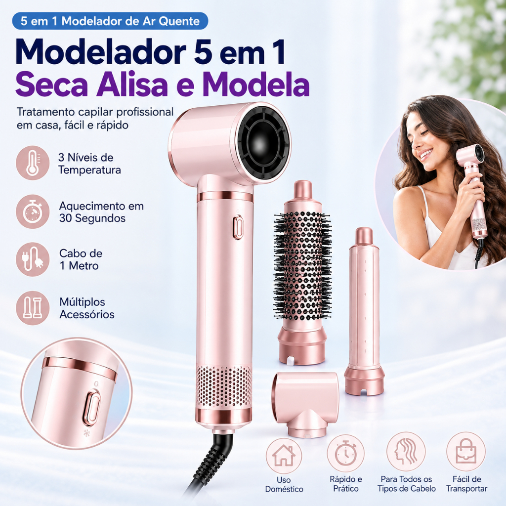 Escova Secadora Ar Quente 5 em 1 Multifuncional Alisa Modela Cachos Volume Íons Negativos Destacável Profissional