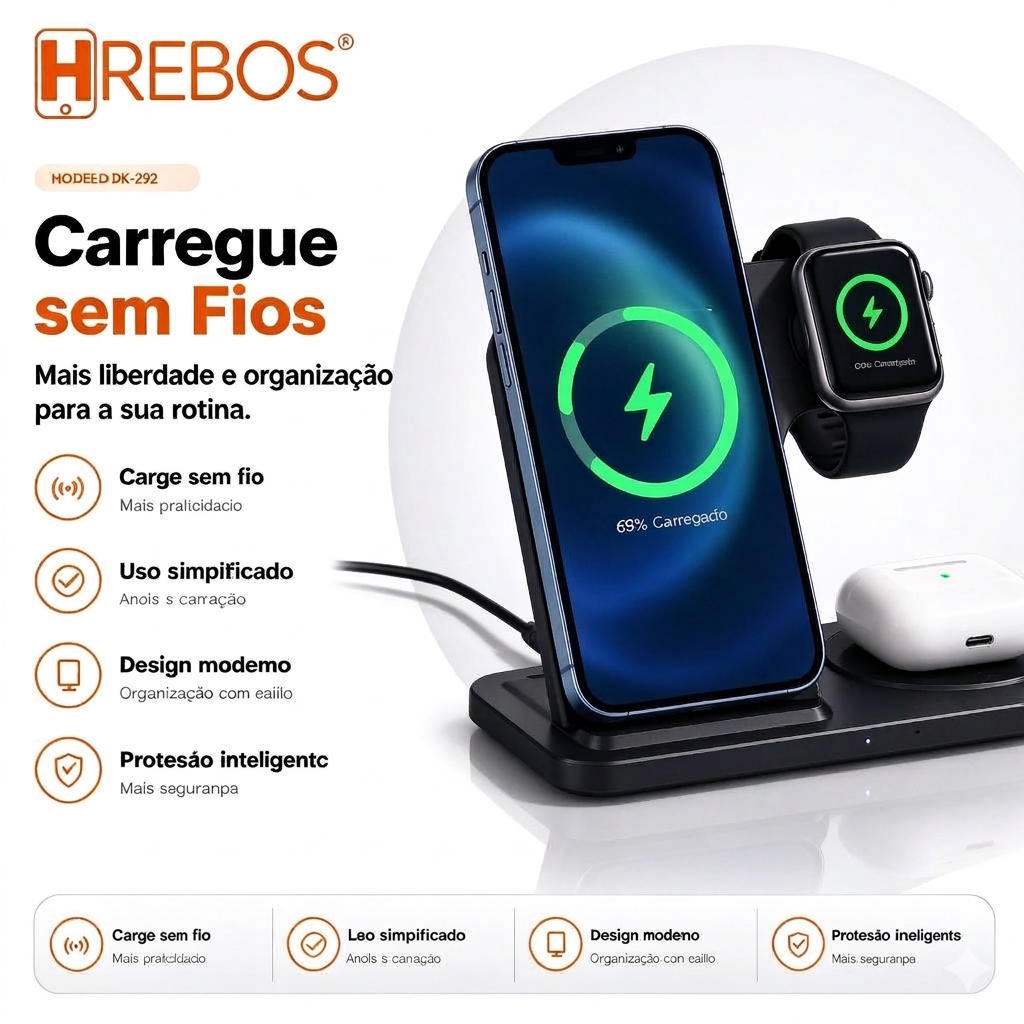 HREBOS Base de carregamento rápido sem fio 3em1 de 18W.Suporta o carregamento simultâneo de vários dispositivos.