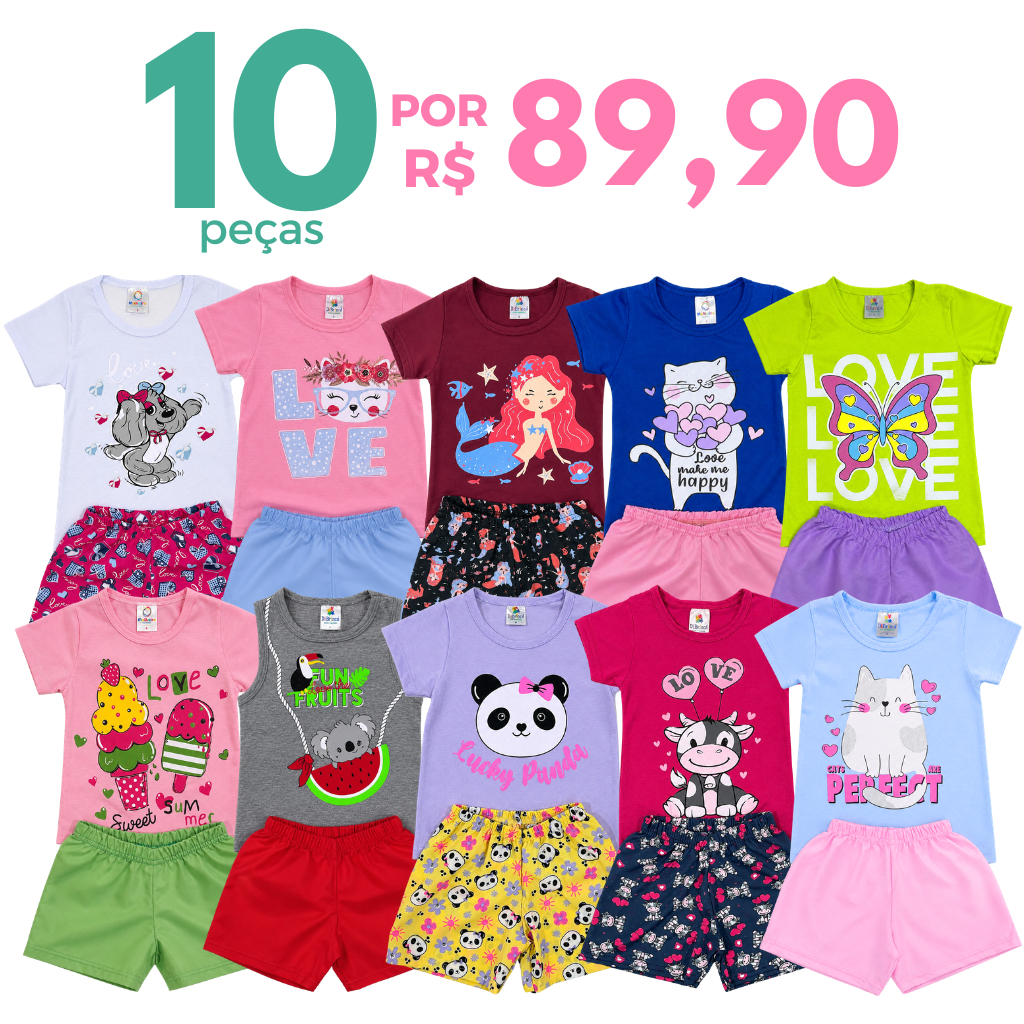 Kit 10 ou 6 peças Conjunto Verão Roupa Menina Infantil 5 Camiseta e 5 Shorts/Bermudas Sortidos 5 ou 3 Conjuntos