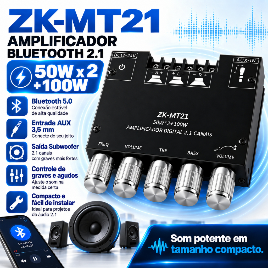 ZK-MT21 Placa Amplificadora Bluetooth 5.0 2.1 Canais para Subwoofer