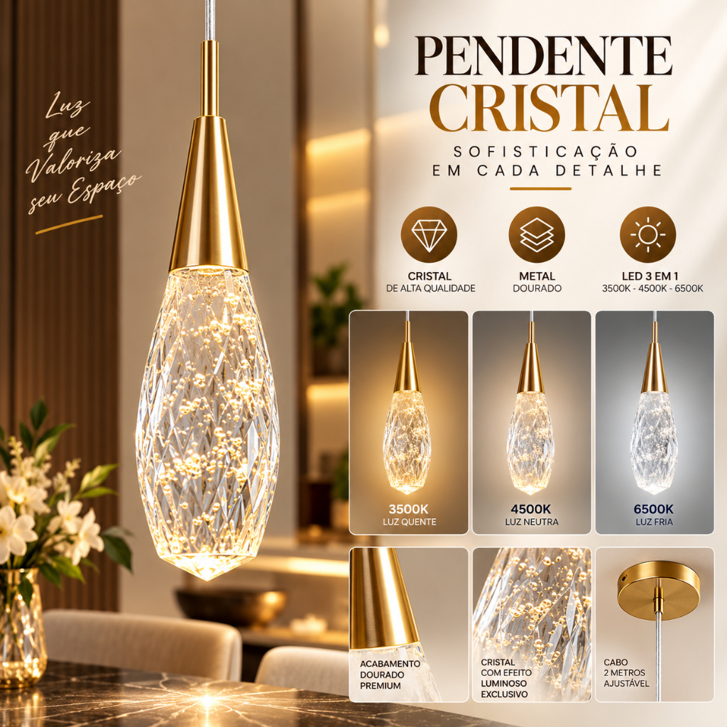 Luminária Pendente Gota Jadore Dourada Com Cristal E LED 3 Em 1 Bivolt Para Lavabo E Hall