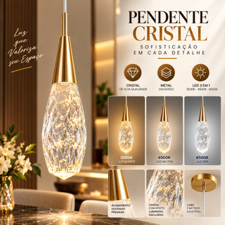 Luminária Pendente Gota Jadore Dourada Com Cristal E LED 3 Em 1 Bivolt Para Lavabo E Hall