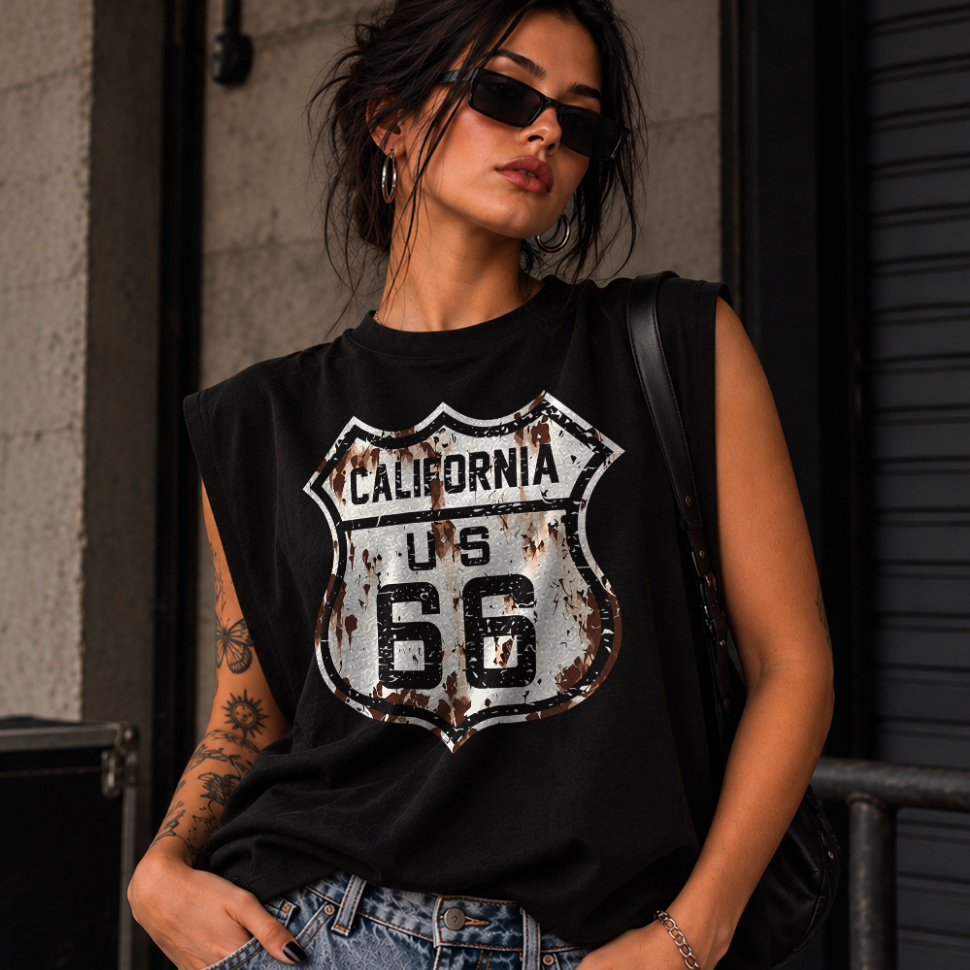 Camiseta Regata Muscle Tee Oversized Feminina Streetwear California USA Rota Route 66 Clássico Moto