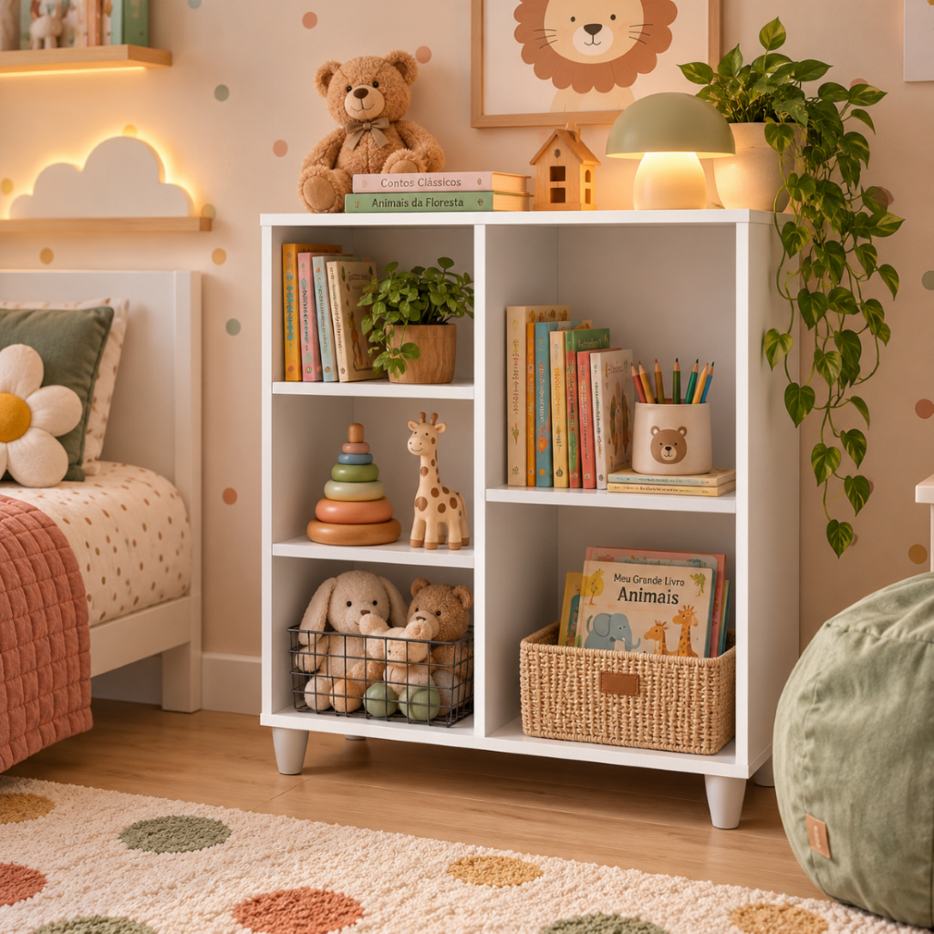 Estante Livreiro Organizador Infantil Com Nichos Luxo Branco