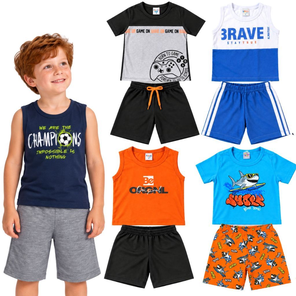 Kit 2 ou 4 Conjuntos de Verão Infantil Menino Camisetas + Bermudas Moletinho Estampas Sortidas 1 a 16 Anos