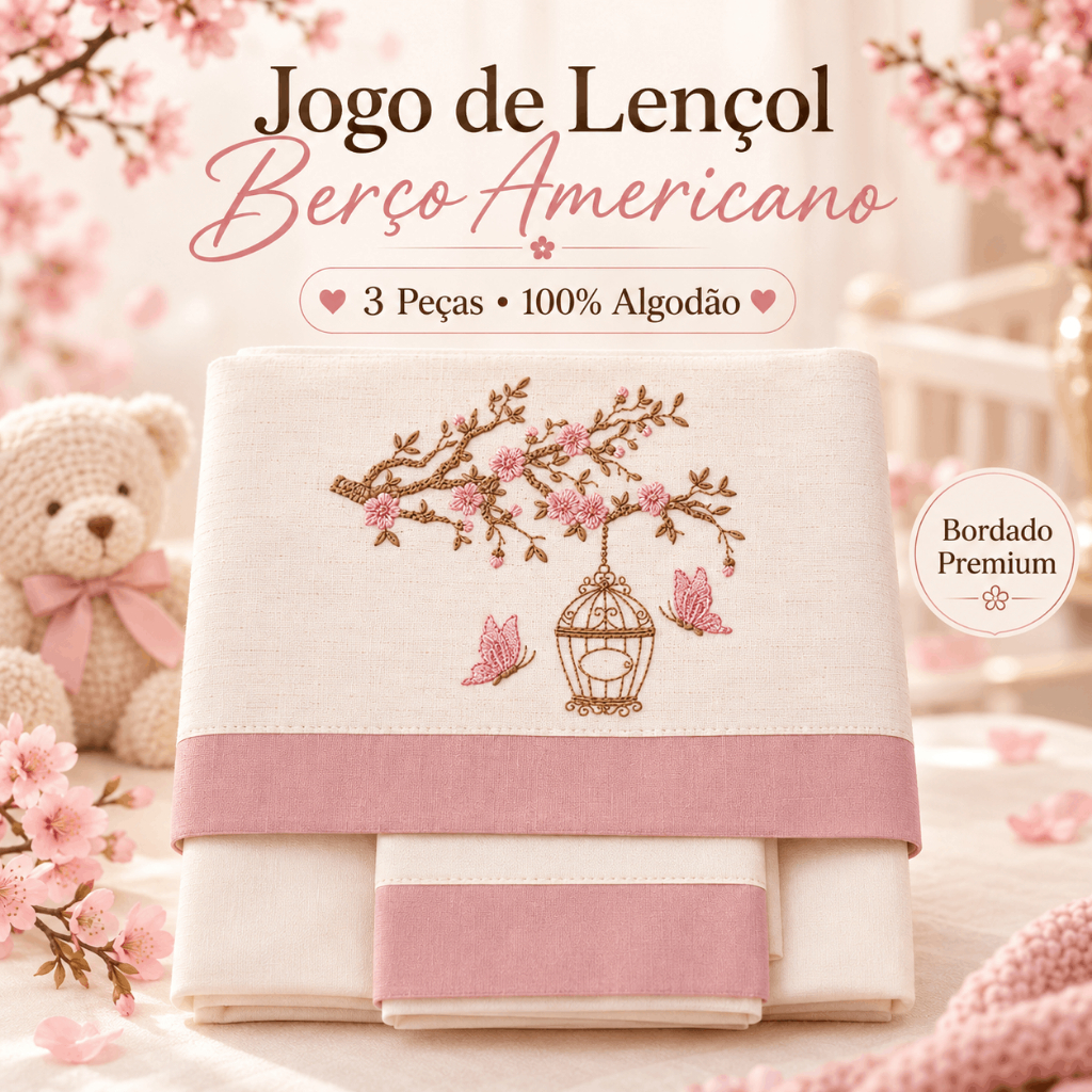 Jogo Lençol Berço Americano Luxo Linho 3 Peças 100% Algodão Flores Borboleta Jardim Encantado