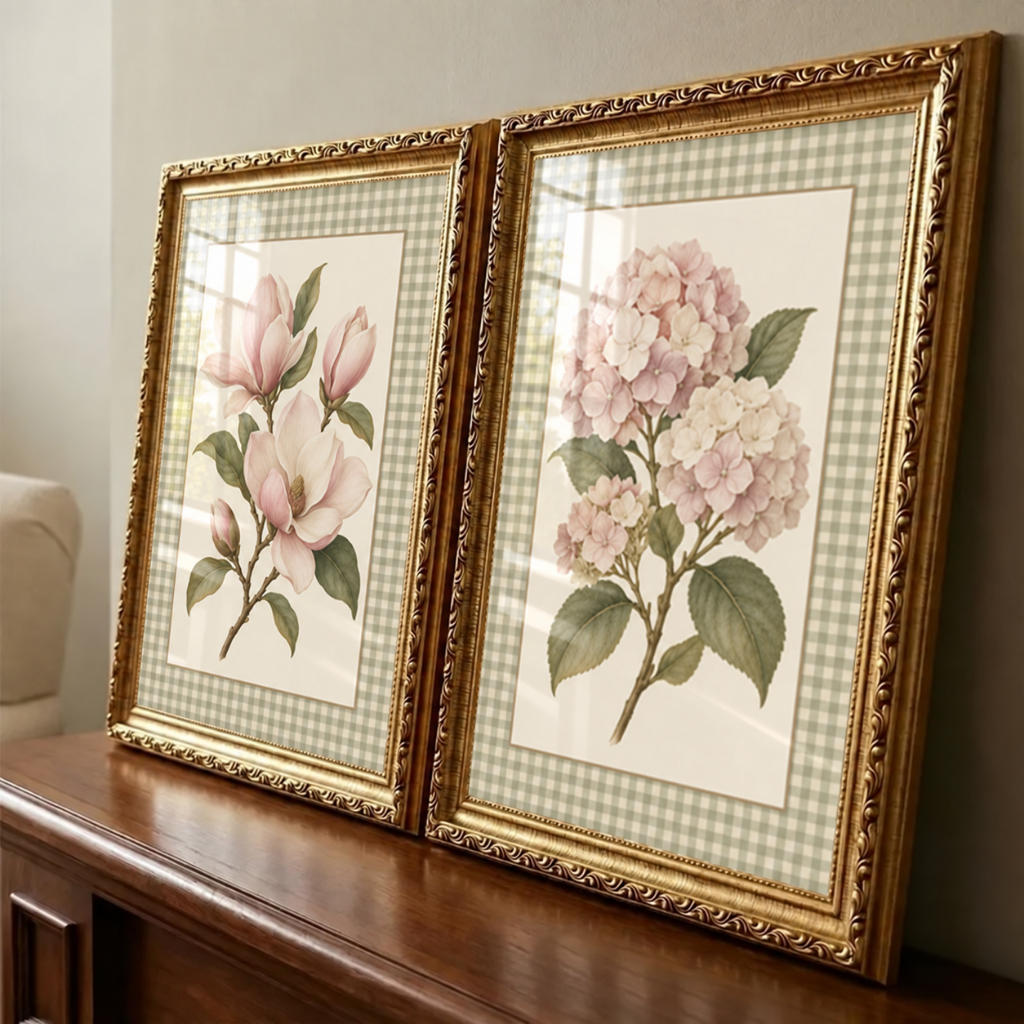 Kit 2 Quadros Decorativos Florais Moderno com Moldura Dourada e Vidro