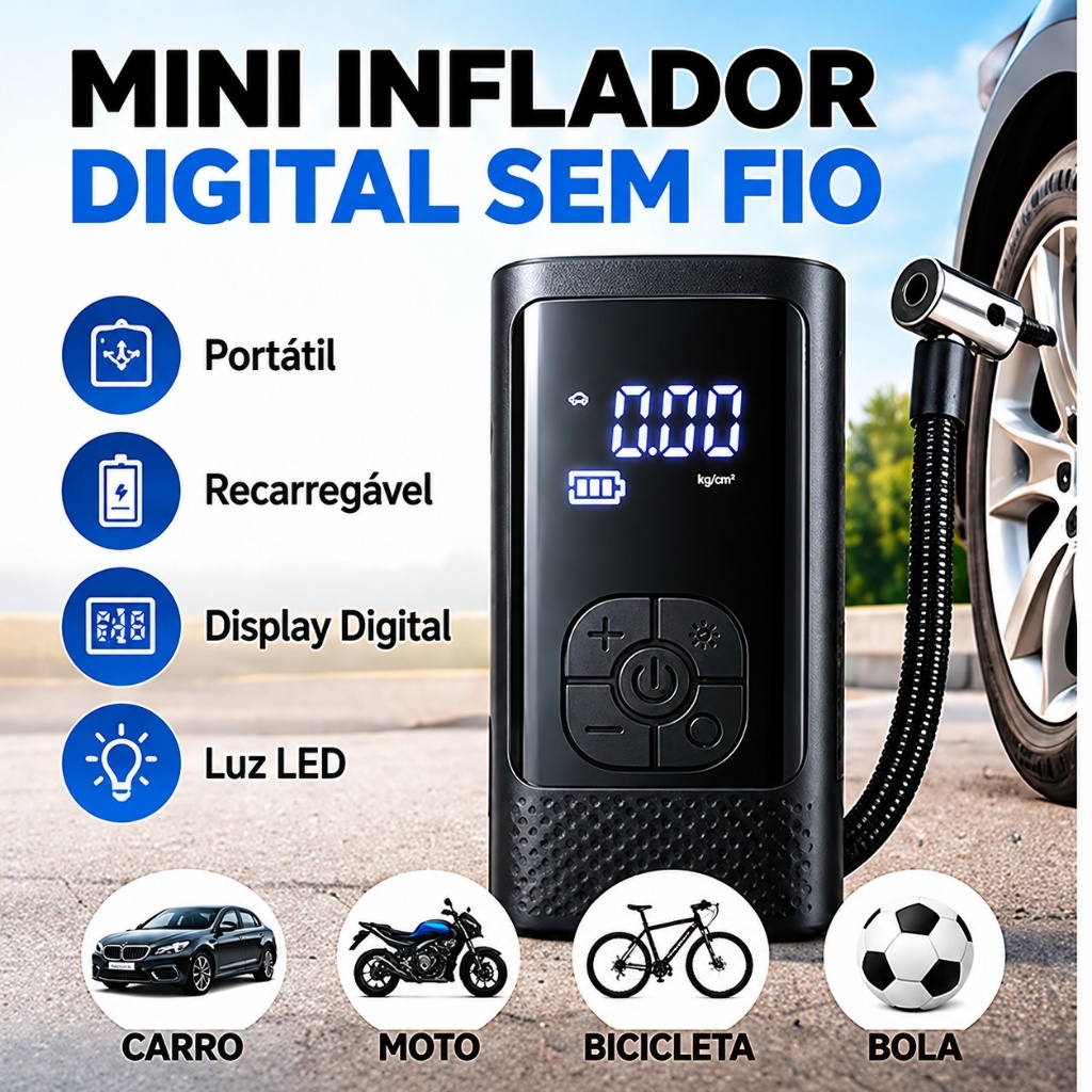 Inflador Portátil Digital Sem Fio Recarregável com Display LED para Pneu de Carro Moto Bicicleta e Bola-M6