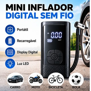 Inflador Portátil Digital Sem Fio Recarregável com Display LED para Pneu de Carro Moto Bicicleta e Bola-M6