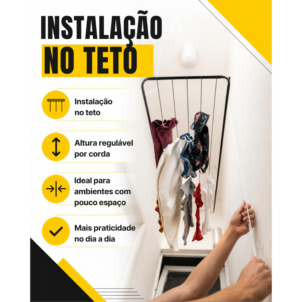 Varal de Teto Mor Preto 1,20m 9,3m 14kg com Regulagem de Altura — imagem 2 de 2