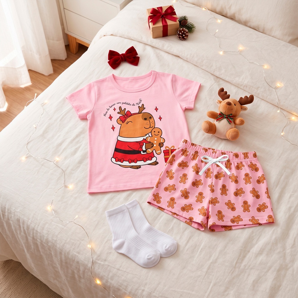 Pijama Curto Natal Verão Menina Capivara — imagem 2 de 2