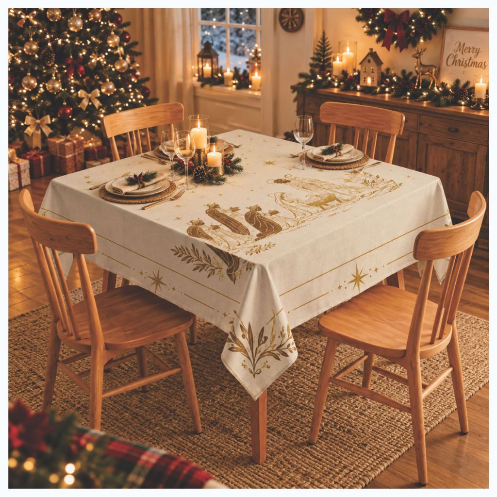 Toalha De Mesa Ceia de Natal Quadrada Tecido Oxford Temático Natal Natalino Papai Noel - 140x140cm