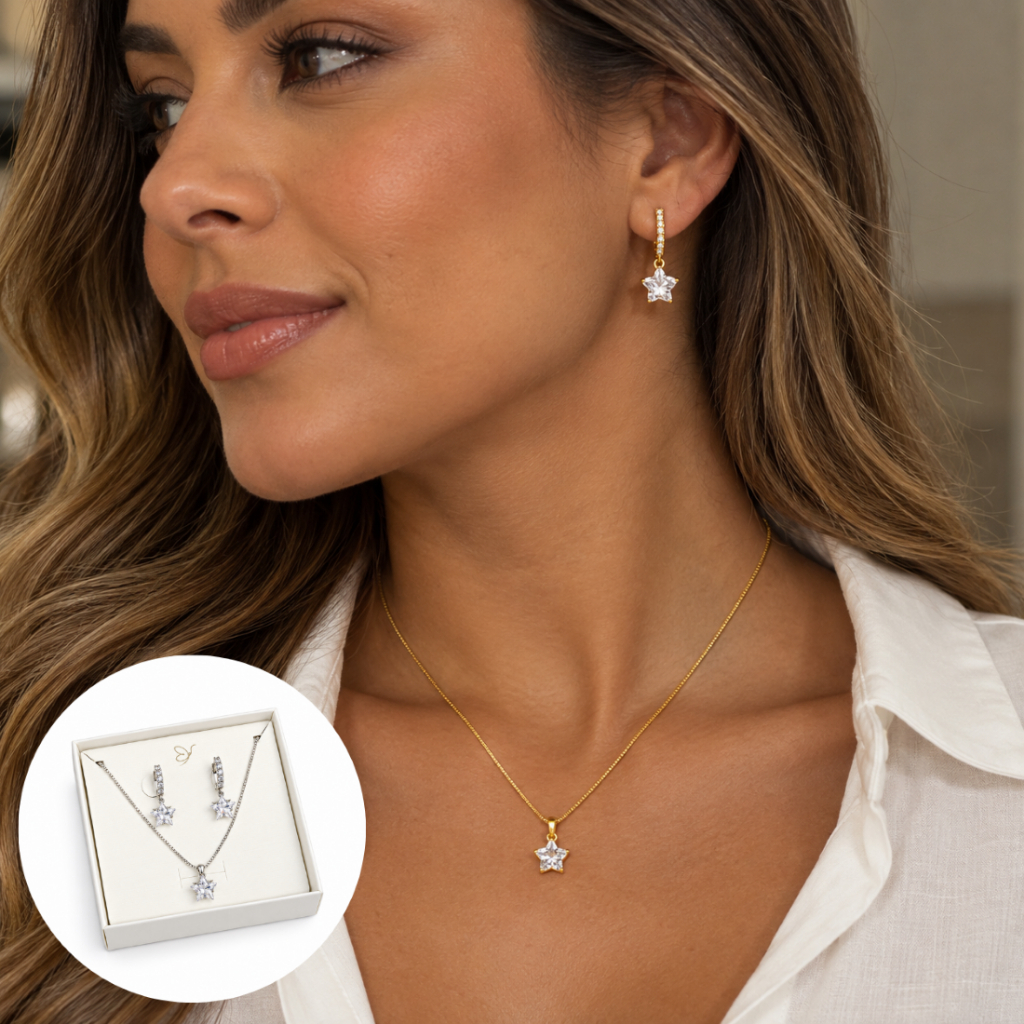 CONJUNTO COLAR E BRINCO CLICK ESTRELA ZIRCÔNIA