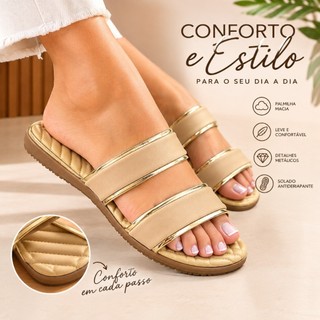 Sandália Feminina Beira Rio Original Plataforma Confortável Casual 2 Tiras Dourada