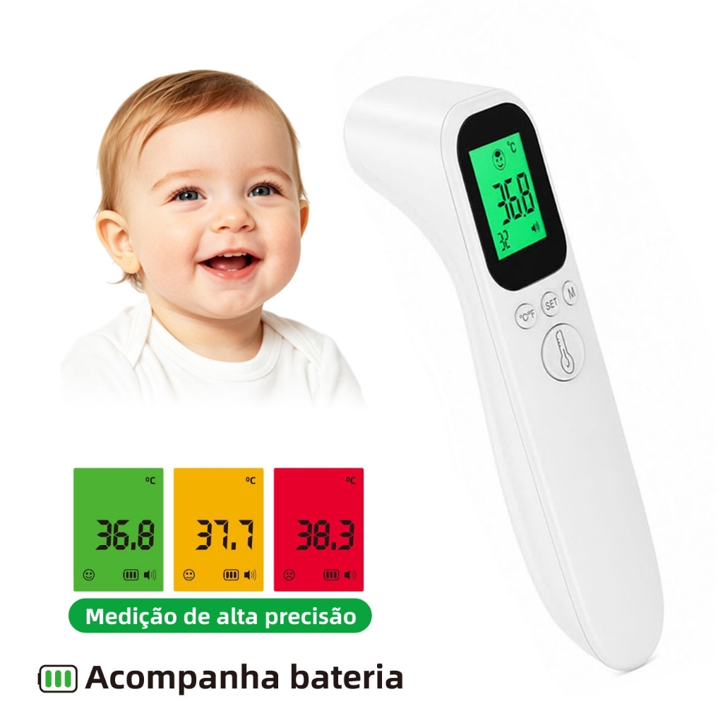 Termômetro Digital Infravermelho de Testa Sem Contato LCD, Medição Rápida de Febre Bebê/Adulto