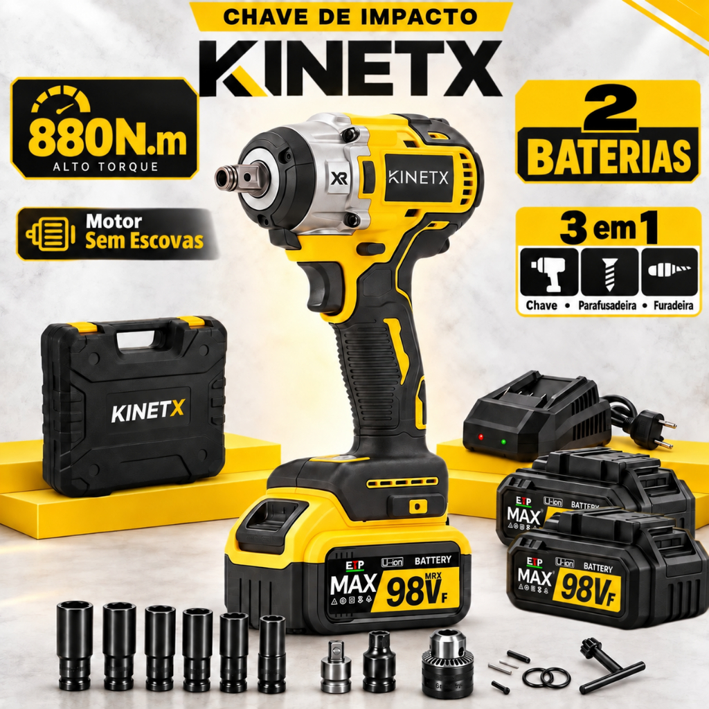 Chave De Impacto 880Nm KINETX  Sem Fio Motor Sem Escovas Parafusadeira Furadeira Profissional 2 Baterias + Maleta