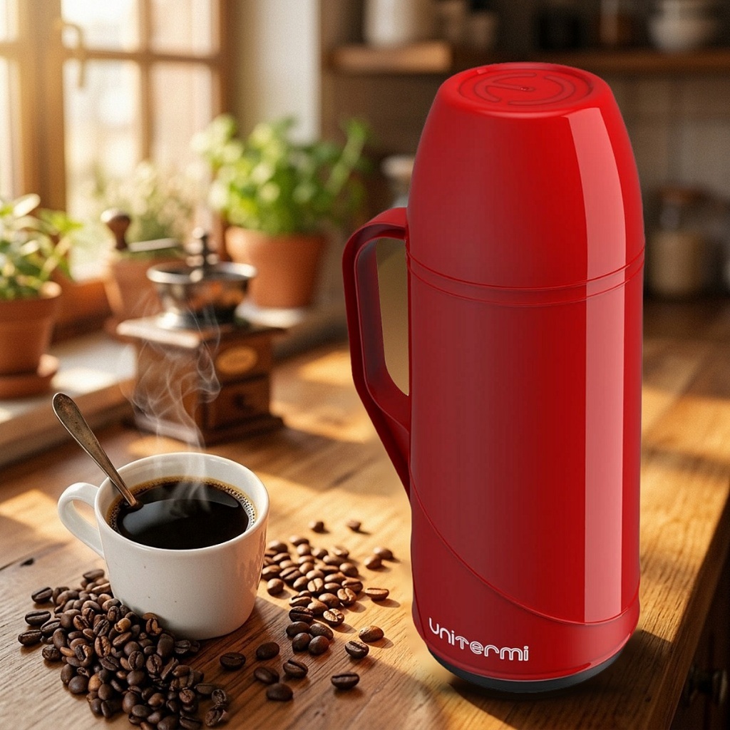 Garrafa Térmica 500ml Unitermi Roma Café Chá Pequena Tampa Copo Antigota Alça Reforçada Ampola Vidro Mesa Trabalho