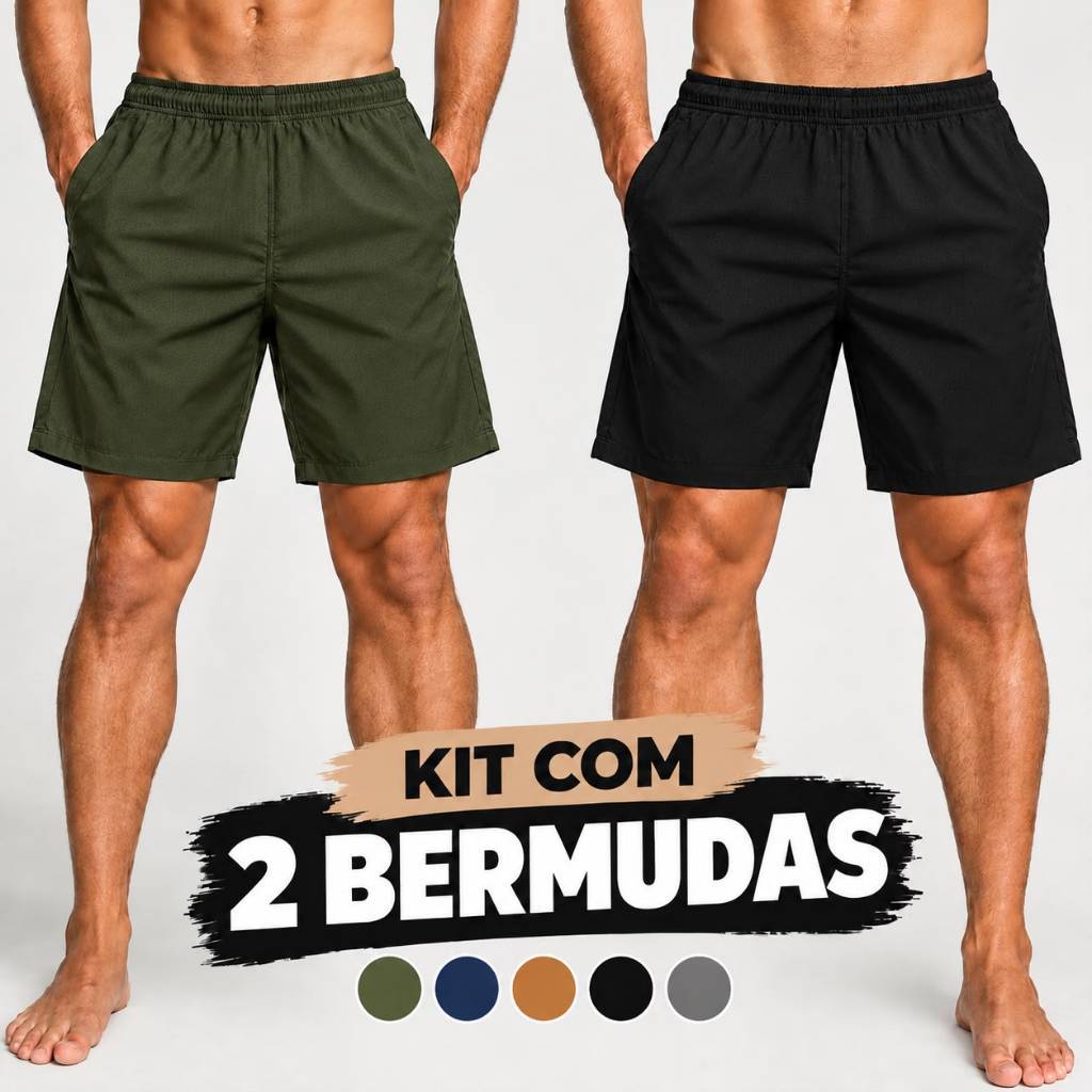 Kit 2 Bermudas Masculinas Tactel com Elastano, Bolso e Secagem Rápida para Esporte Praia e Piscina