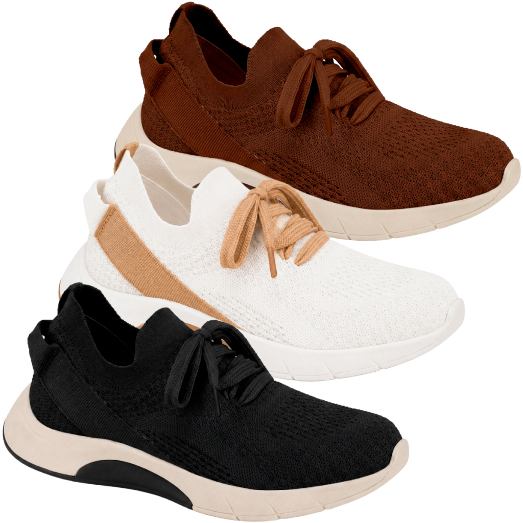Tênis Feminino Ultraconforto Ortopédico Benévola Knit Slip On Calce Fácil Branco Preto Macio Esporão