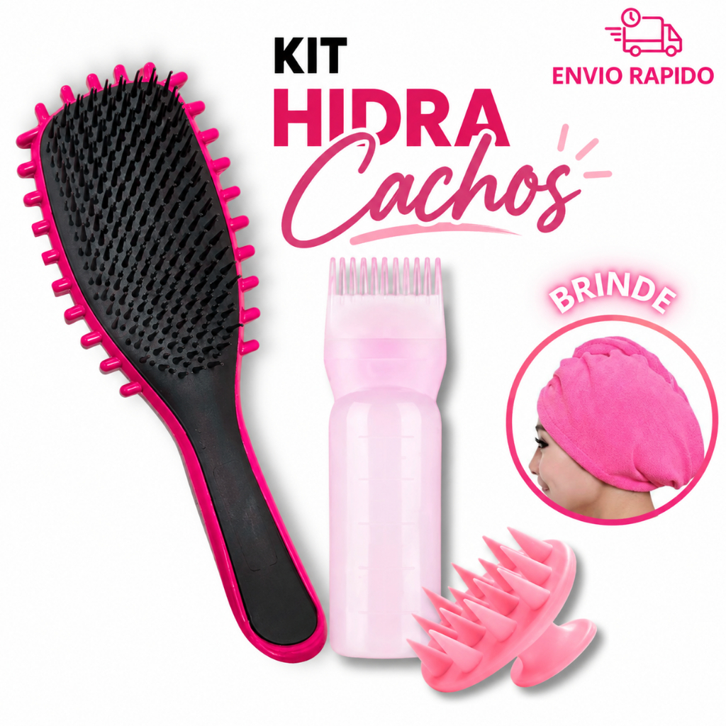 KIT Escova Fitagem Pente Aplicador e Massageador + Toalha para Cabelo - Hidrata Cachos