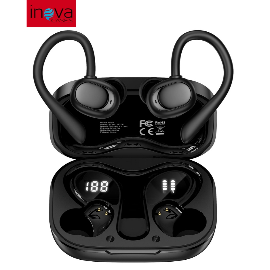 INOVA Fone de Ouvido Sem Fio Bluetooth6.0 Com Display Digital Condução Óssea/Compacto e Leve/Resistente a Água/Tipo-C