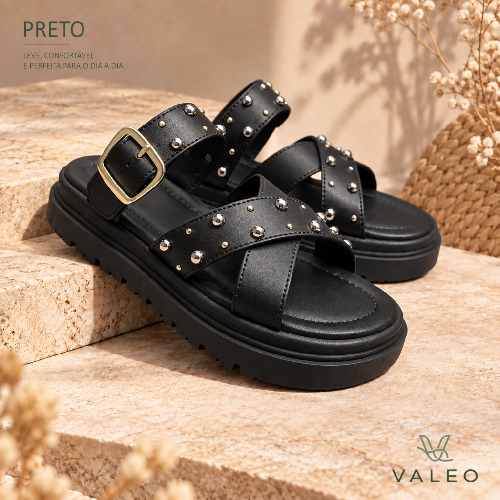 Papete Feminina Ibiza Plataforma Tratorada com Tachas e Fivela | Sandália Flatform Confortável