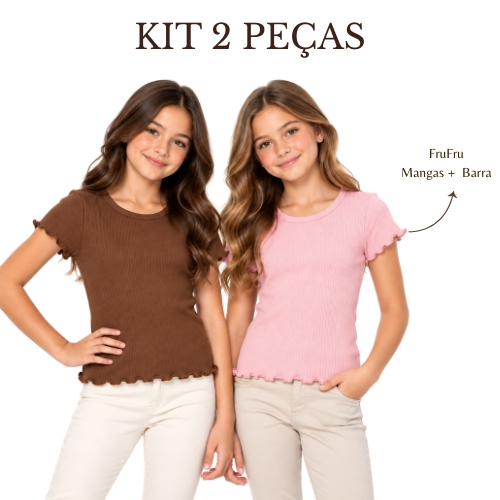 Kit 2 Peças Baby Look Infantil e Juvenil Feminina Blusa Manga Curta Canelada FruFru Menina Verão