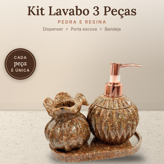 Kit Lavabo 3 Pecas Pedra e Resina Marrom Dispenser Sabonete Liquido Porta Escova e Bandeja Banheiro