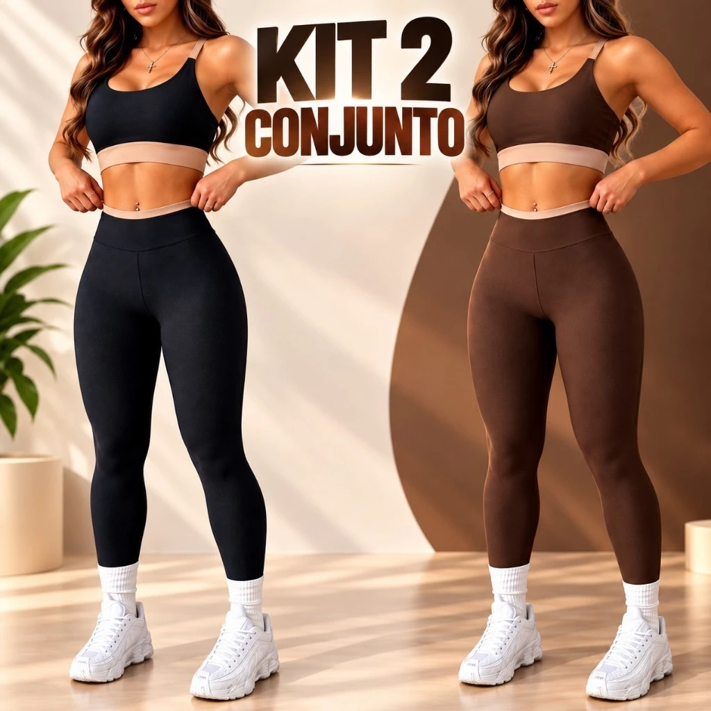 Kit 2 Conjunto Feminino Fitness Academia Calça e Top Cintura Alta Modelagem Premium Confortável Bicolor