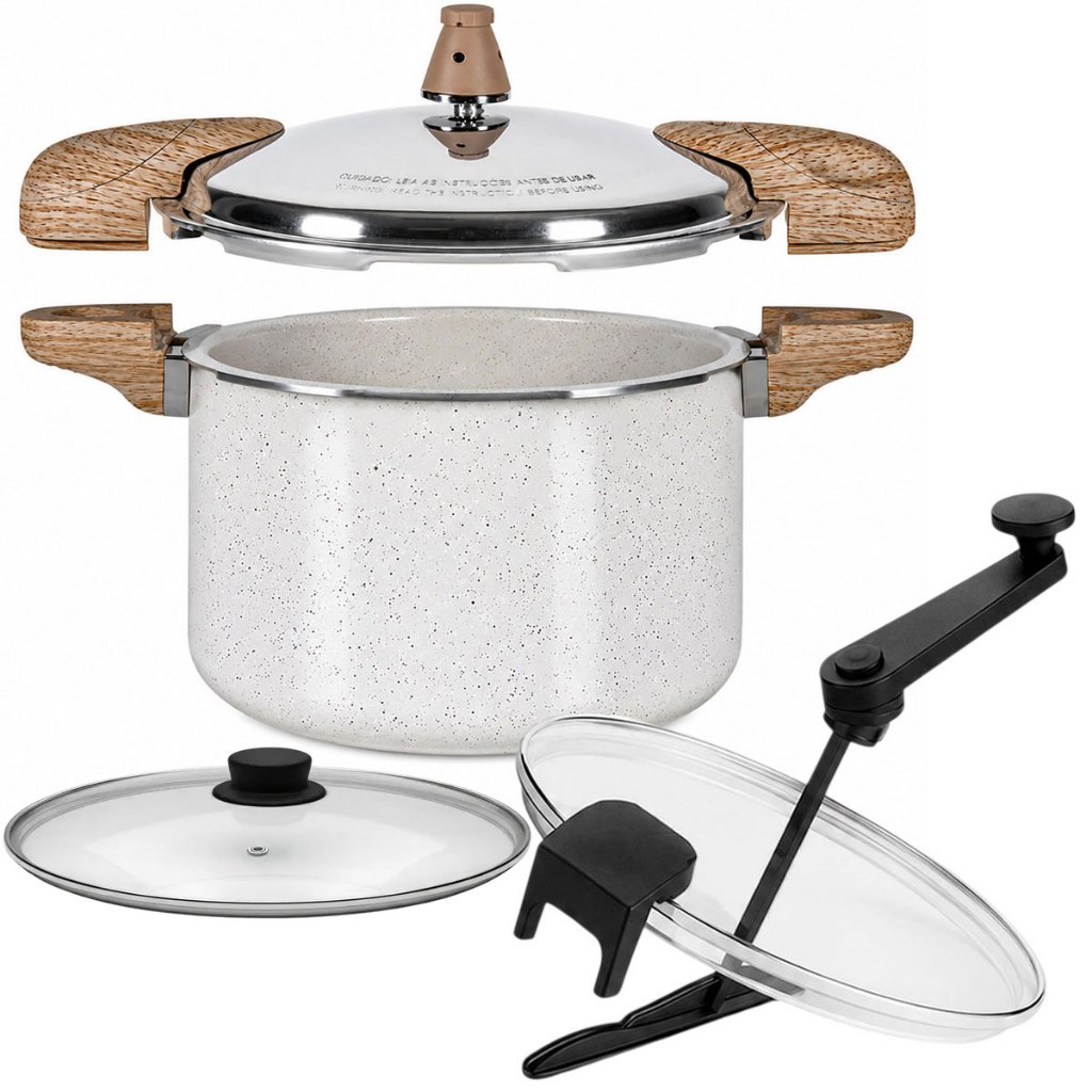 Panela de Pressão 3 em 1 Brinox 5,4L Ceramic Life Creme Indução C/ Tampa de Vidro e Pipoqueira