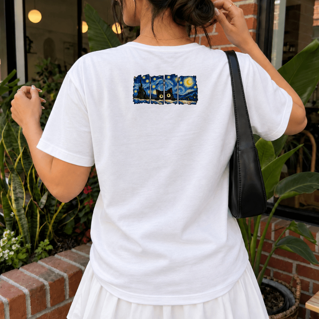 Blusa Camiseta Estampa Gatinho Noite Estrelada  Feminina 100% Algodão Fio 30.1 Penteado Básica Lisa P ao GG